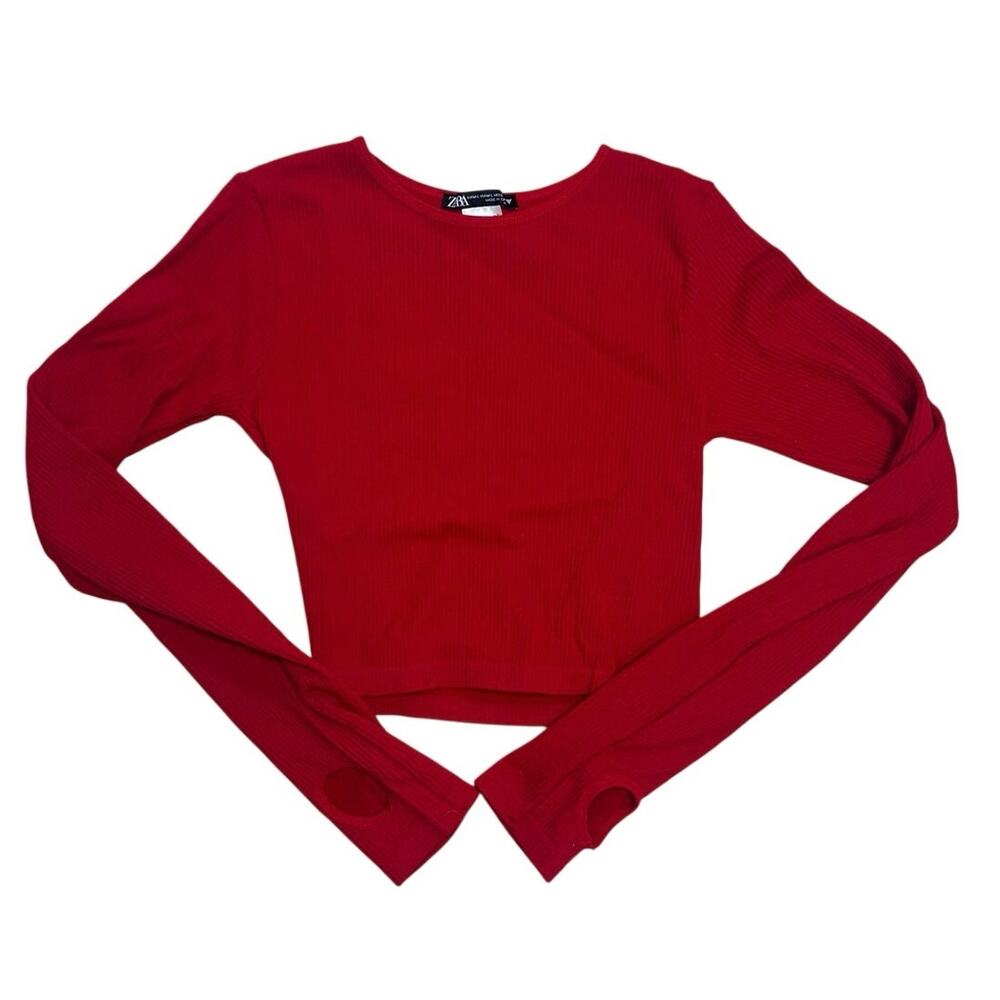 ZARA Ribbed Thumb‑Hole Crop Top ❤️ Red Long‑Sleeve Stretch • Size M-L